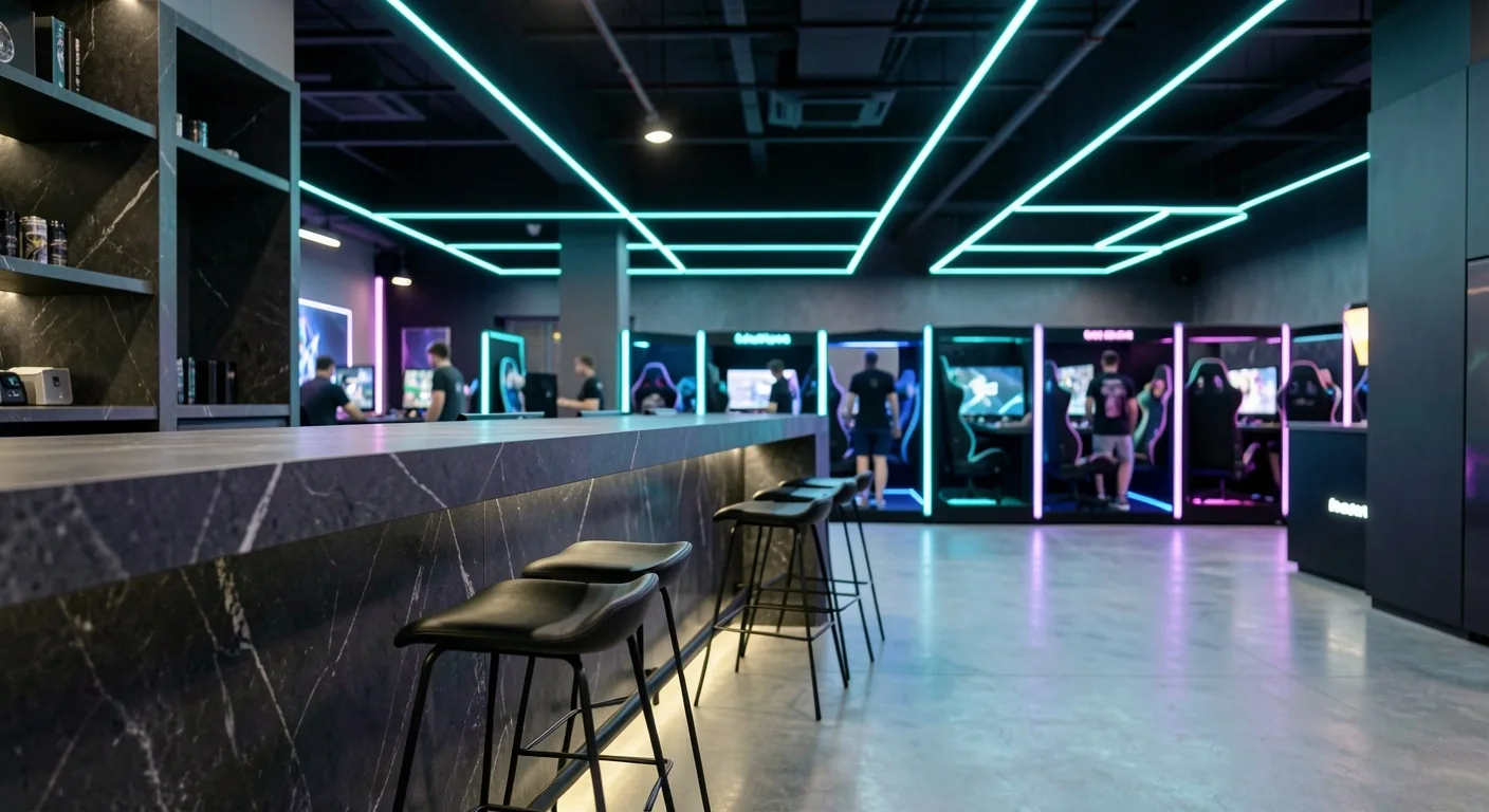Interior del club Riberano con estaciones de trabajo profesionales