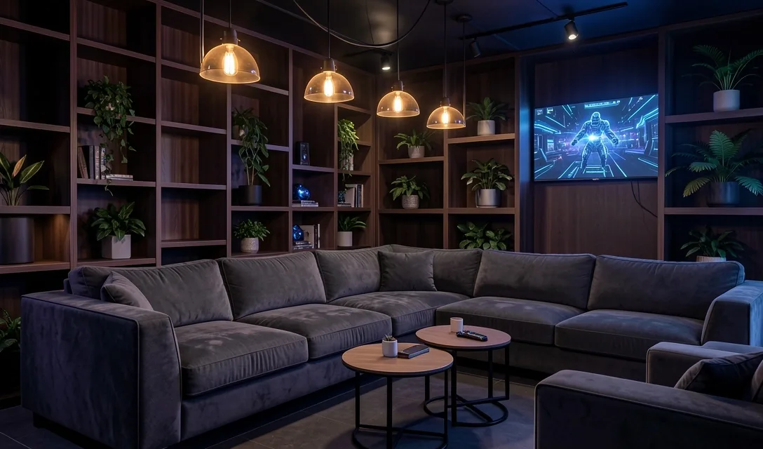 Área de descanso con mobiliario cómodo e iluminación cálida
