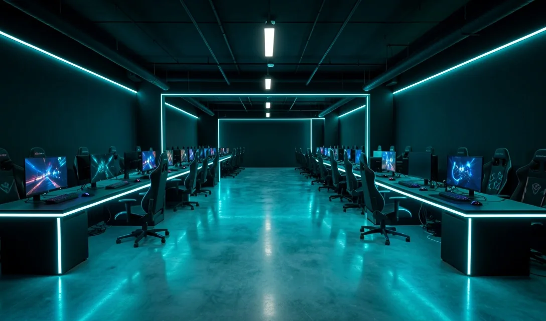 Club Riberano de noche con iluminación ambiental cyan