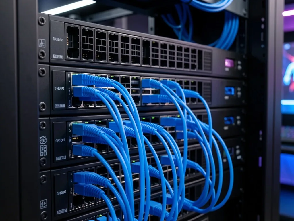Rack de servidores y cableado de fibra óptica organizado