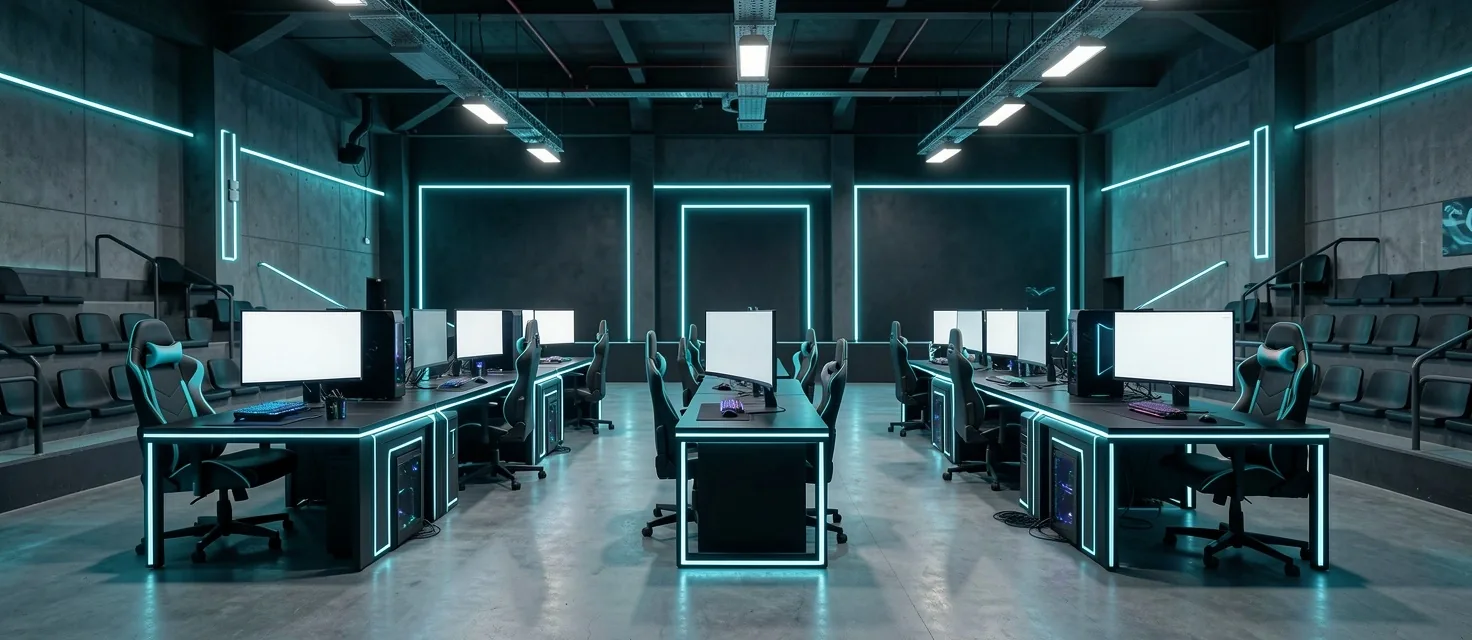 Sala de competición con estaciones alineadas para trabajo en red