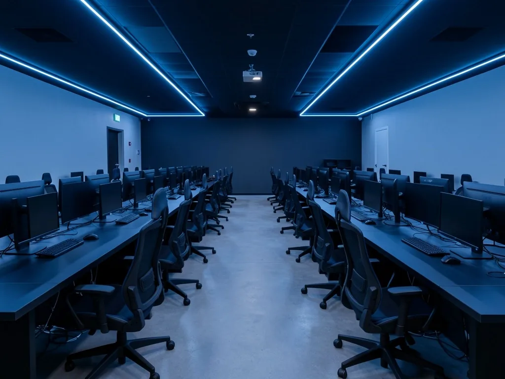 Zona estándar del club con estaciones alineadas e iluminación LED