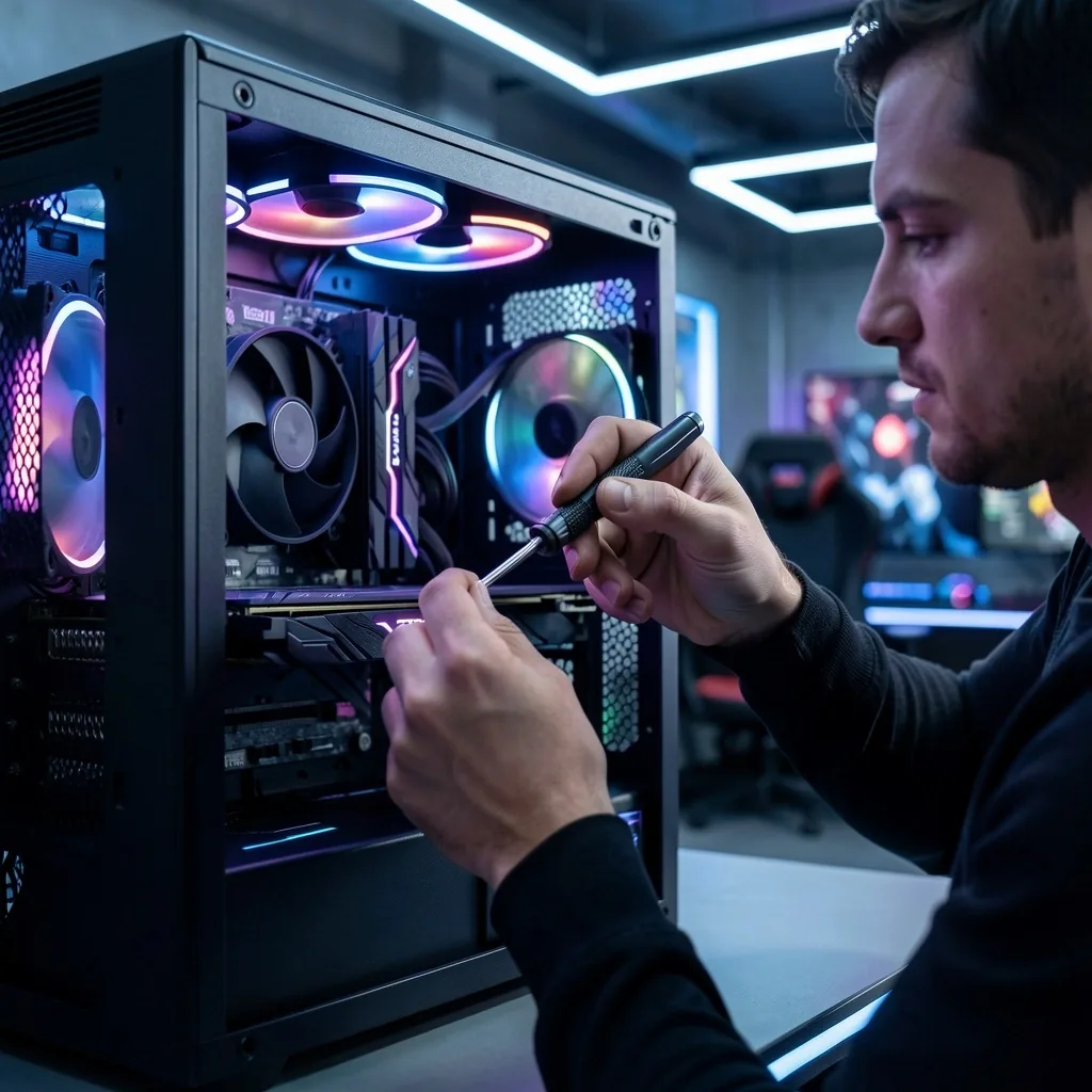 Técnico instalando componentes nuevos en una placa base