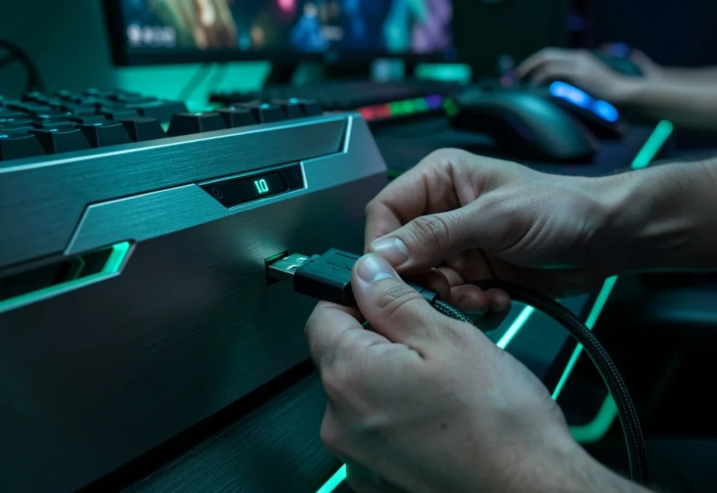 Teclado mecánico con tecla cyan en ambiente técnico